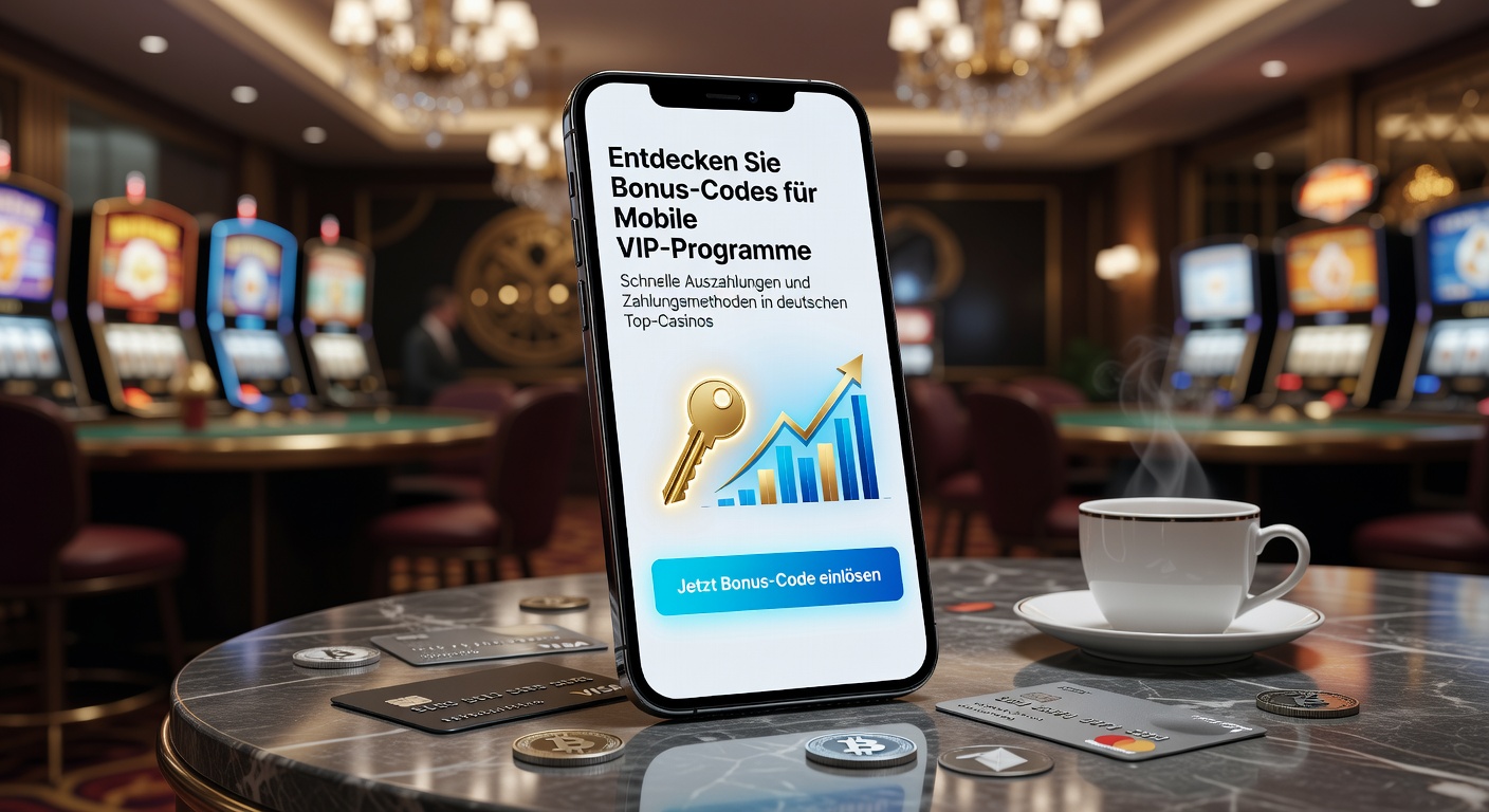 Smartphone mit Casino-App und VIP-Bonus-Code auf dem Bildschirm, umgeben von Symbolen für schnelle Auszahlungen und Zahlungsmethoden