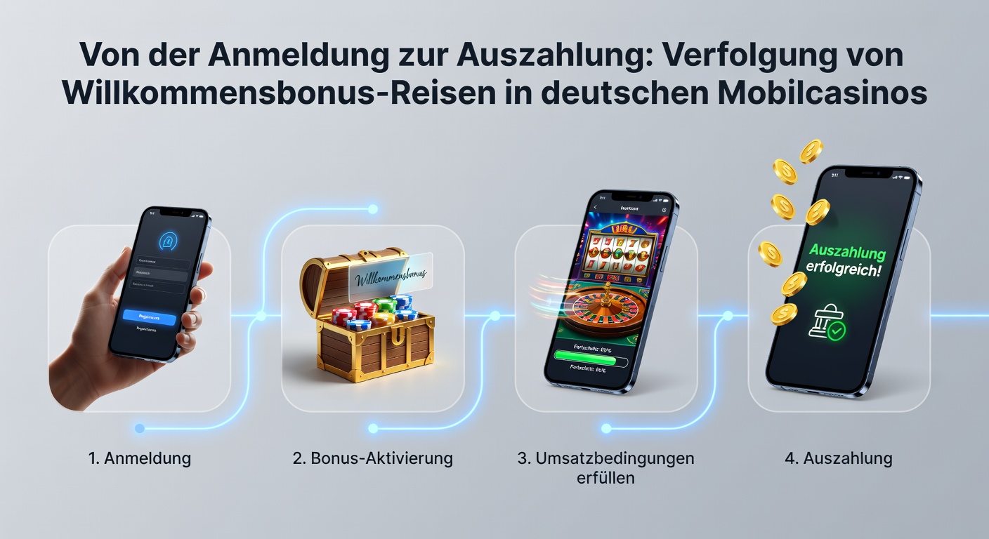 Smartphone mit Mobile-Casino-App und Willkommensbonus-Angebot im Vordergrund, das die Anmeldung und Bonusaktivierung symbolisiert