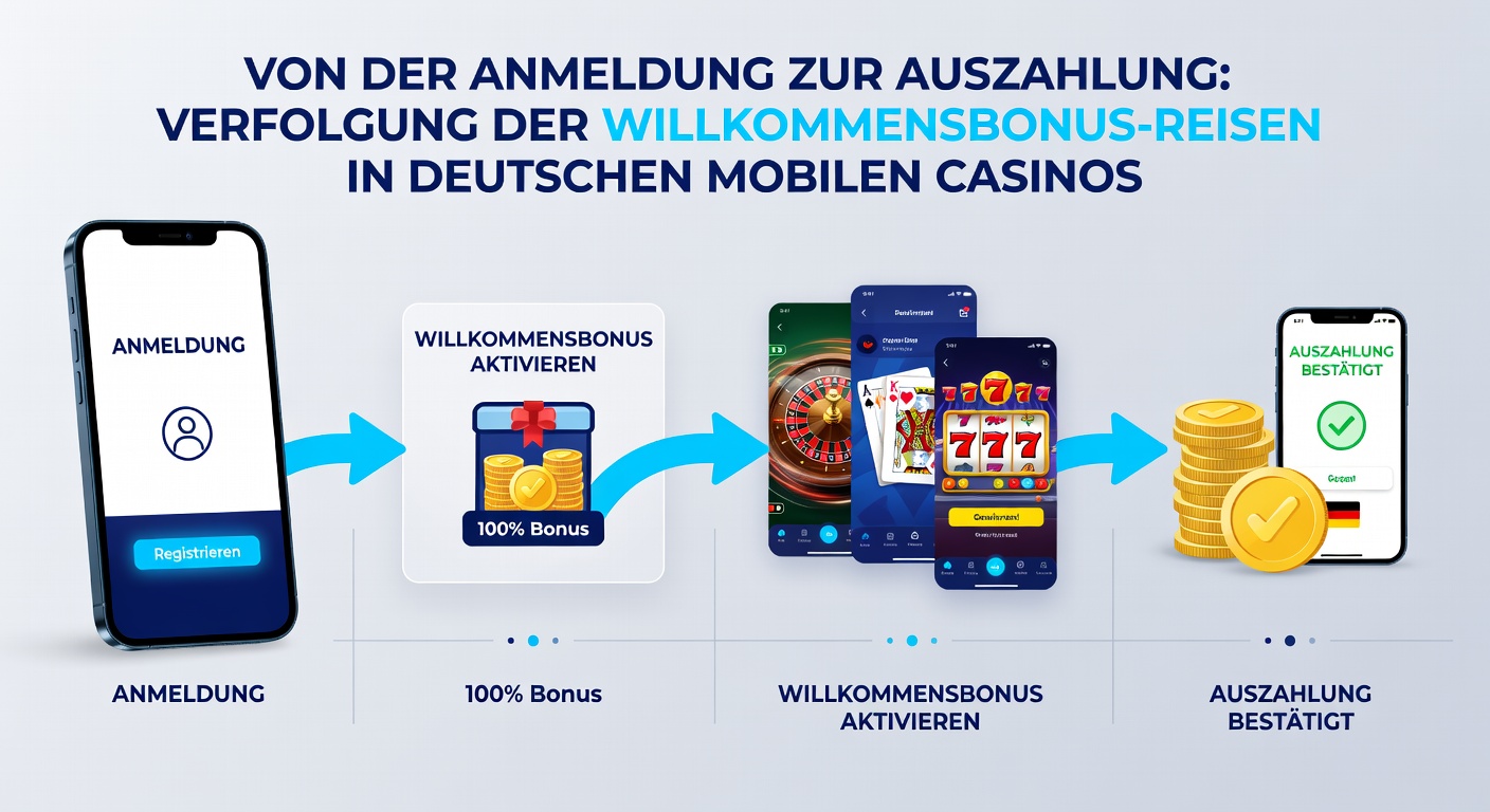 Grafik einer Bonusreise mit Schritten von Anmeldung über Wagering bis Auszahlung, inklusive Smartphone und Euro-Symbolen