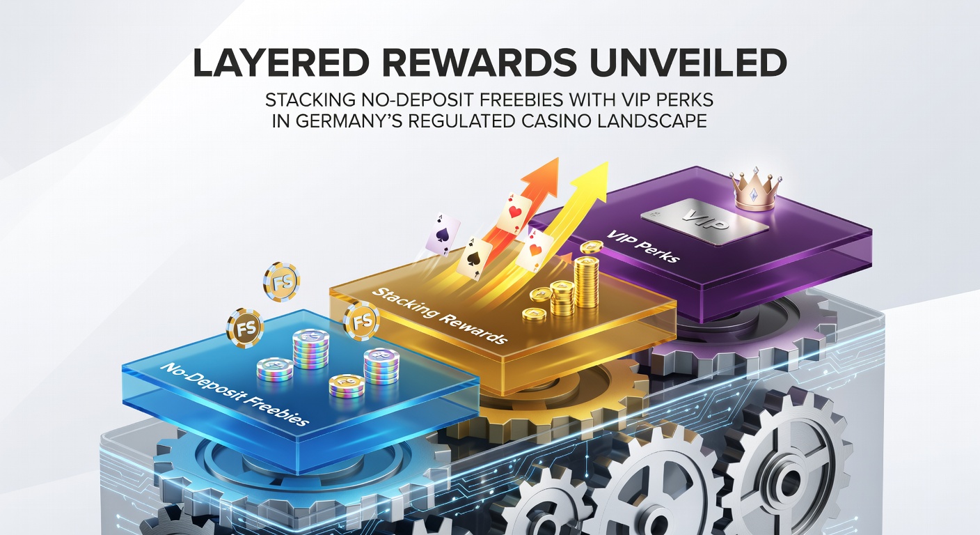 Grafik zeigt gestapelte Casino-Boni mit No-Deposit-Free-Spins und VIP-Stufen in einem modernen deutschen Online-Casino-Interface
